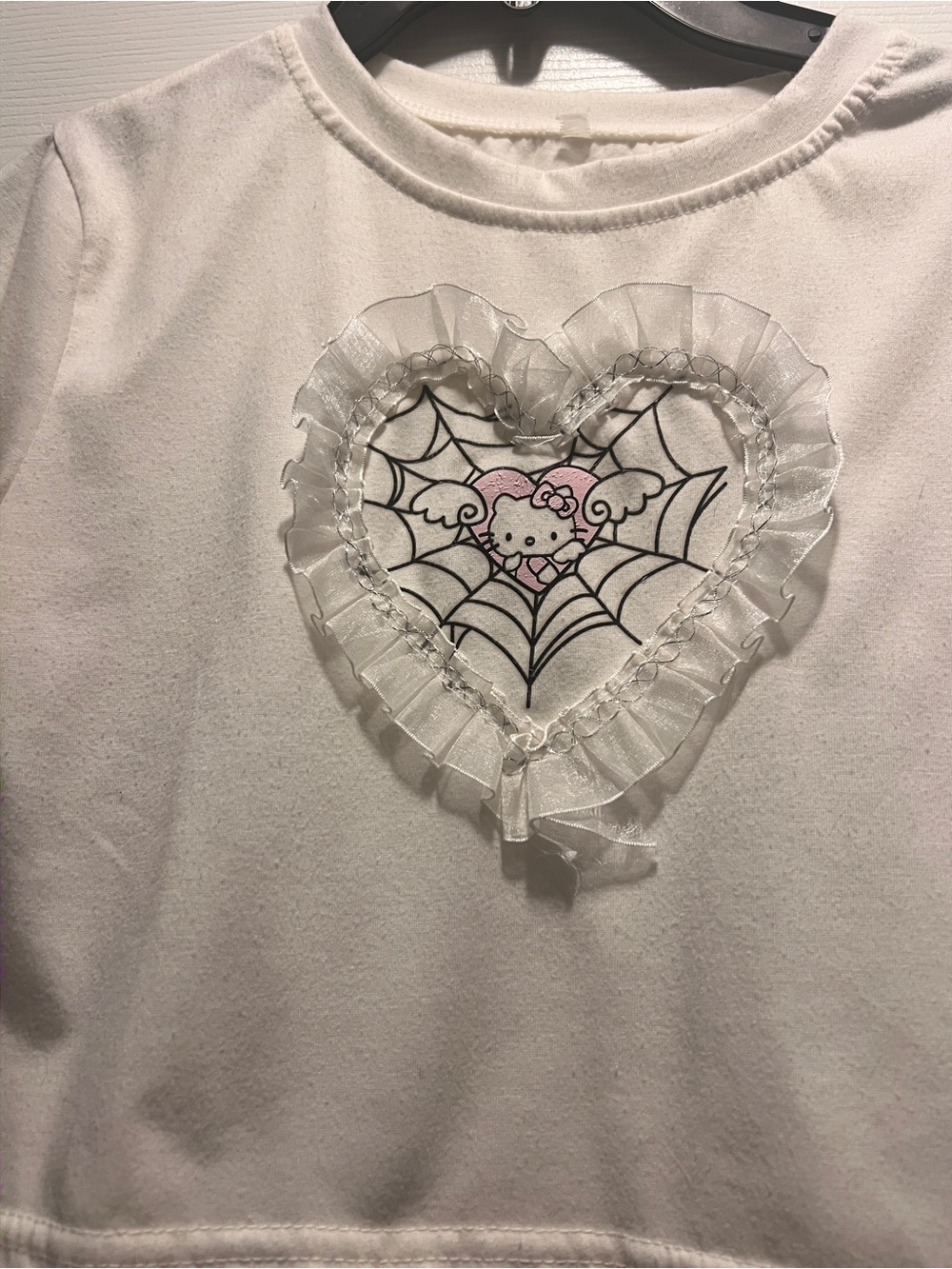 White Hello Kitty Spiderweb Heart cropped Short Sleeve Tee